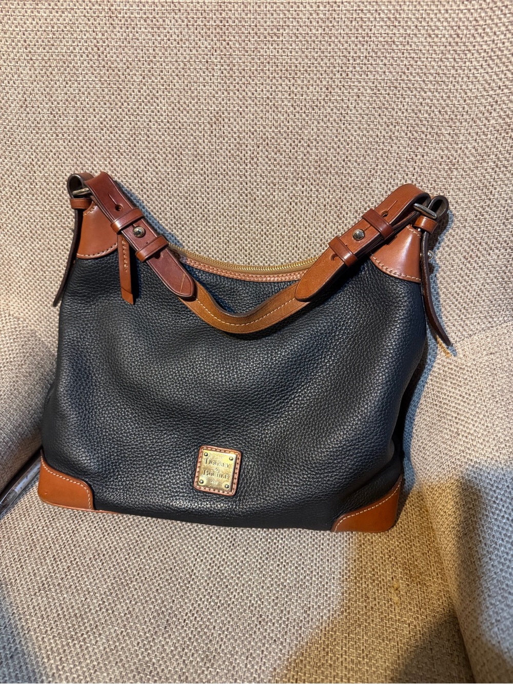 Dooney & Bourke Black Pebbled Leather Shoulder Bag with Brown Trim